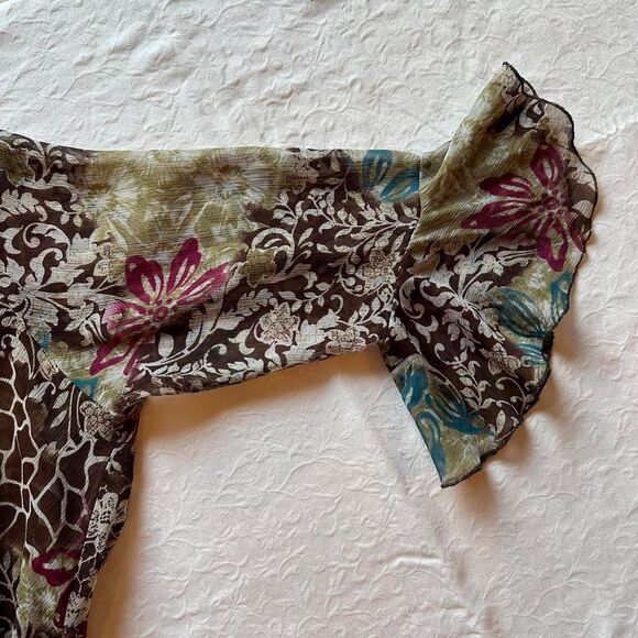Versailles‎ 2000s Y2K Brown Multicolored Ruffle Top W/ Front Tie & Bell Sleeves - Picture 4 of 5